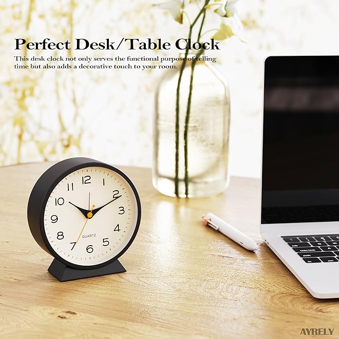 AYRELY?? 4.5" Analog Alarm Clock,Small Retro Desk Clock Battery Operated,Slient Metal Table Clock with Light for Living Room Decor,Bedroom,Bedside,Shelf (Black)