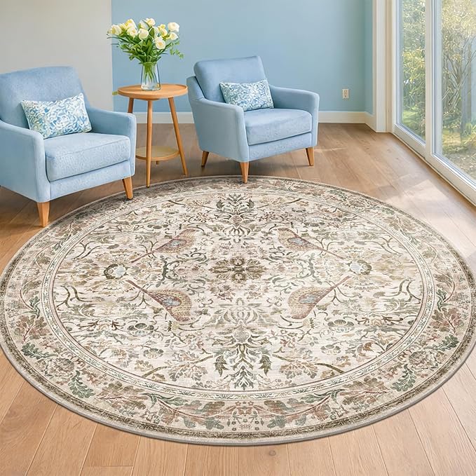 Hazo Haus Boho 6ft Area Round Rug for Living Room - Floral Vintage Circular Rug for Kids Bedroom, Dining Room, Home Office, Washable Low Pile Non Slip, Moss Green & Olive Indoor Aesthetic Décor