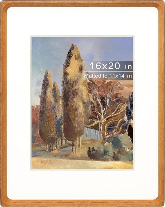 16x20 Picture Frame with Mat for 11x14, Natural Teak Wood Handcrafted Rounded Corner with Plexiglass, Vertical or Horizontal Display Photo Gallery Poster Wall Mounting Frame