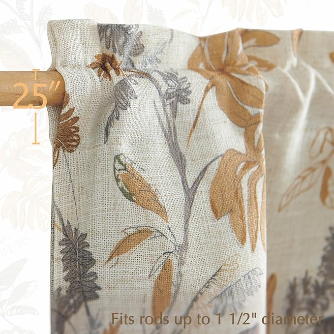 jinchan Linen Valance Double Layer Kitchen Window Curtain Yellow Leaf on Beige Valance for Living Room Cafe Farmhouse Light Filtering Rustic French Country Curtain 18 Inch Rod Pocket 1 Panel