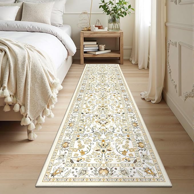 LOKHOM Washable Runner Rug, 2x8 Non-Slip Vintage Hallway Runner Rug with Rubber Backing, Boho Floral Soft Faux Wool Kitchen Rug Carpet Runner for Laundry Entryway Bedroom (Rice Orange)