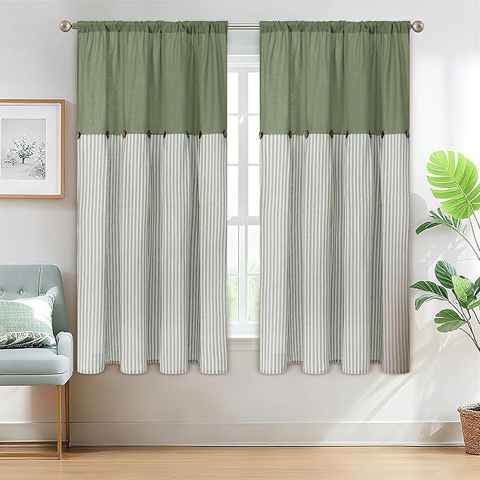 ASPMIZ Farmhouse Living Room Curtains Boho, Country Linen Curtains with Rustic Buttons, Rod Pocket & Back Tab Green Striped Curtain for Bedroom Window Curtain, Home Decor, 52 x 63 Inch, 2 Panels