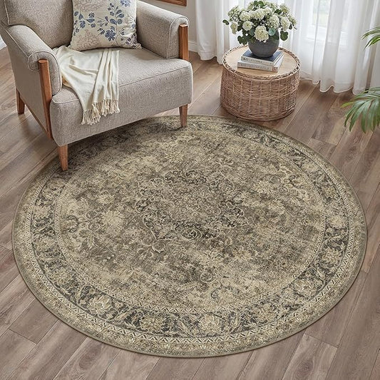 4x4 Washable Round Rug Brown Vintage Non Slip Soft Low Pile Circle Rug for Dining Room Office Entryway Distressed Oriental Indoor Carpet for Living Room Bedroom Home Decor