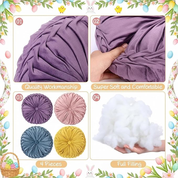 Kathfly Set of 4 Decorative Round Pleated Throw Pillows, Classy Velvet Pumpkin Round Throw Pillows, Decorative Floor Pillow for Bed Chair Home Sofa Decor, 14" Diameter(Pastel Color)