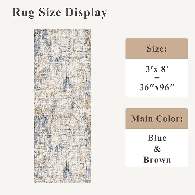 3x8 Washable Non-Slip Runner Rug – Modern Abstract Neutral Wide Carpet Runner for Kitchen, Hallway, Entryway, Bathroom, Bedroom – Low-Pile Thin Floor Mat with Rubber Backing (Blue Brown)
