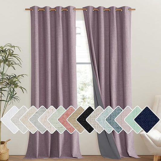 NICETOWN Chaise Mauve Vintage Linen 100% Blackout Curtains for Living Room, Thermal Insulated Curtains 95" Long, Noise Reducing Window Treatment Drapes for Bedroom, 52" Wide Per Panel, Set of 2