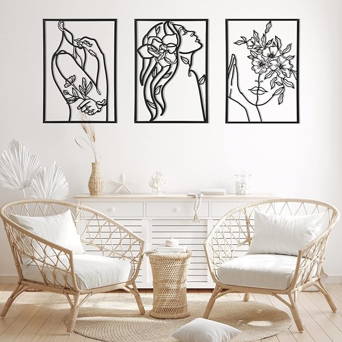 AGIOTA 3 Pcs Wall Decor Above Bed Minimalist Wall Art for Living Room Metal Line Art - Female Body, Black Room Decor for Bedroom Modern Wall Art for Indoor 15inch