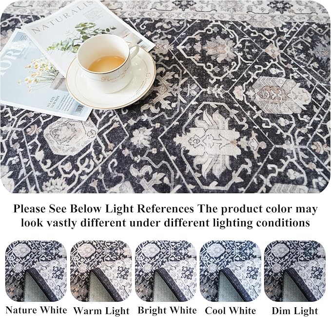 Vintage 10x14 Washable Area Rug: Large Living Room Rugs Indoor Soft Stain Resistant Carpet with Non-Slip Backing for Bedroom Dining Room Farmhouse Low Pile Floor Mat for King Size Bed (10x14 Black)