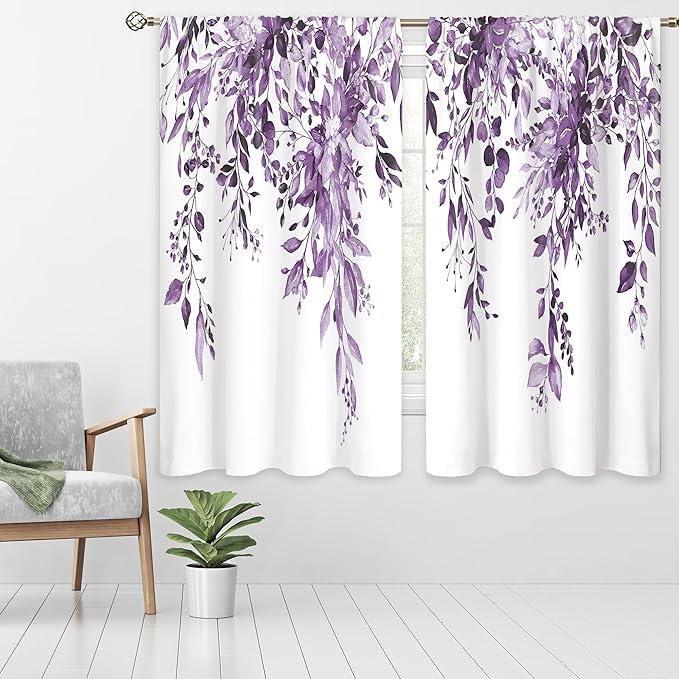 Purple Eucalyptus Botanical Leaves Floral Window Curtains Watercolor Flower Plant Wildflower Farmhouse Rustic Curtain Drapes Herb Curtains for Bedroom Living Room Treatment 42Wx45H Inch