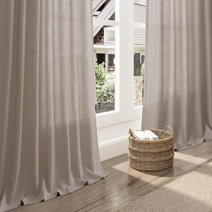 Nanspring 102 Inch Long Curtains for Living Room Stone Beige Linen Light Filtering Semi Sheer Curtain Back Tab Simple Modern Floor to Ceiling Farmhouse Drapes for Bedroom Office 52x102, 2 Panels
