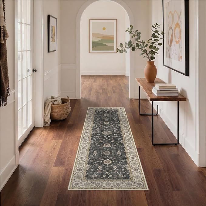 GENIMO Runner Rug for Hallways Machine Washable, 2x12 Non Slip Boho Vintage Lightweight Washable Runners, Thin Floor Rugs for Entryway Hallway Bathroom Laundry Room Corridor, Charcoal Brown