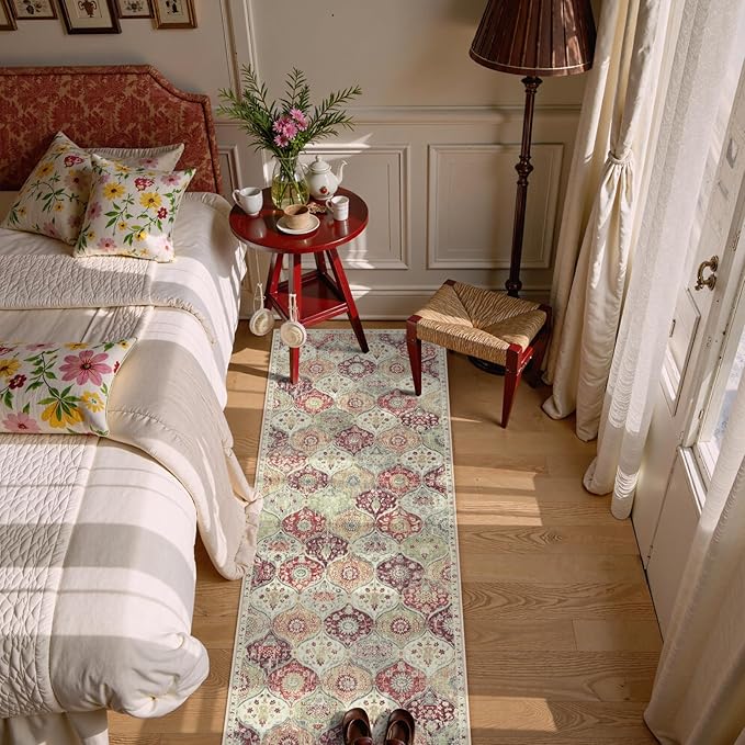 Lahome Moroccan Trellis Hallway Rug, 2x5 Washable Runner Rug Non Slip Kitchen Runners for Hallways, Ultra-Thin Vintage Carpet for Bedroom Bathroom Entryway Elise, Orange/Terracotta