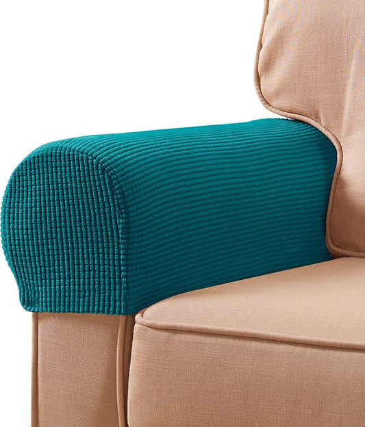 SUBRTEX Stretch Couch Arm Covers Set of 2, Checkered Sofa Arm Slipcovers, Anti-Slip Armrest Covers for Recliner and Armchairs, Pet Proof, High Stretchy, Hook & Loop Tape, Blue