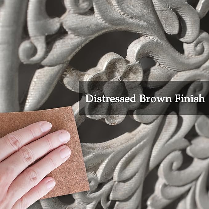 XIAOAIKA Boho Carved Wood Wall Sculpture, Intricate Floral Mandala Design with Distressed Silver Finish, Vintage Farmhouse Wall Art Panel with Solid Wood Frame for Bedroom Entryway (22" x 22")
