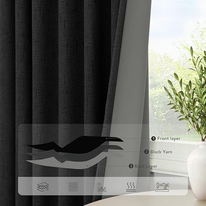 Pitalk Black Curtains for Bedroom 90 Inches Long Sound Proof Modern Window Drapes Light Blocking Floor to Ceiling Rod Pocket Linen Back Tab Curtains Blackout Dining Room Office 52x90 Length 2 Panels