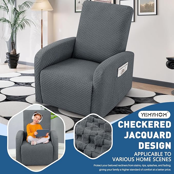 YEMYHOM 3 Pieces Stretch Recliner Slipcover Latest Jacquard Small Recliner Chair Cover with Side Pocket Anti-Slip Fitted Furniture Protector with Elastic Bottom (X-Small Recliner, Dark Gray)