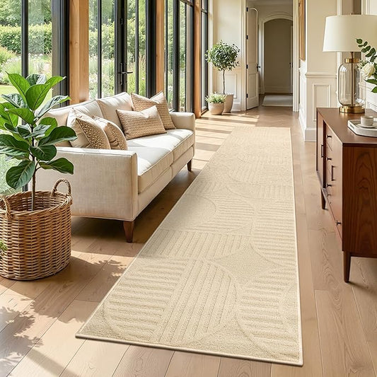 Findosom Washable Runner Rug 2x10, Geometric High-Low Textured Non Slip Hallway Runner Rug with Rubber Backing, Boho Carpet Runner for Kitchen, Bedroom, Laundry, Entryway, Bathroom, Beige