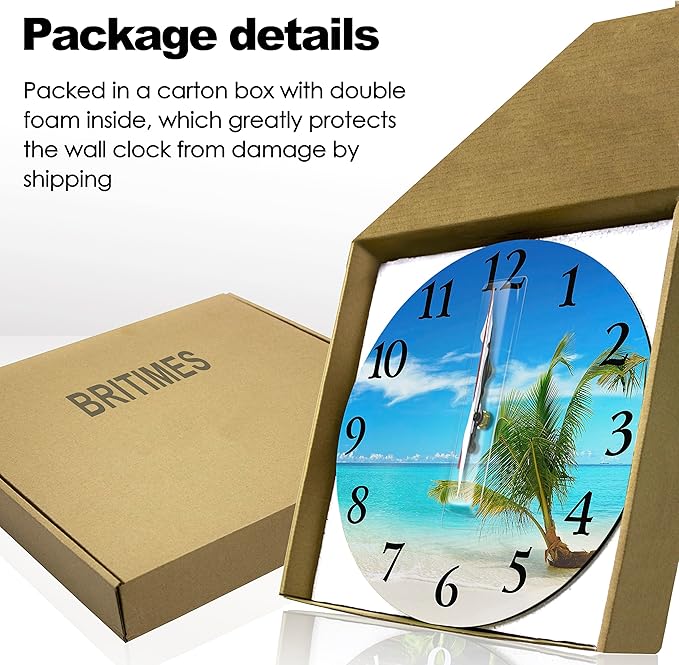 Britimes Round Wall Clock Silent Non-Ticking Battery Operated Clock 10 Inch, Turquoise Ocean Blue Beach Sand Home Decor for Living Room, Bathroom, Bedroom, Kitchen, Office and School