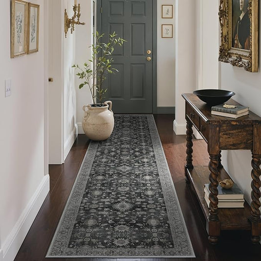 GENIMO Runner Rug for Hallways Machine Washable, 2'6''x10 Non Slip Boho Vintage Lightweight Washable Runners, Thin Floor Rugs for Entryway Hallway Bathroom Laundry Room Corridor, Charcoal