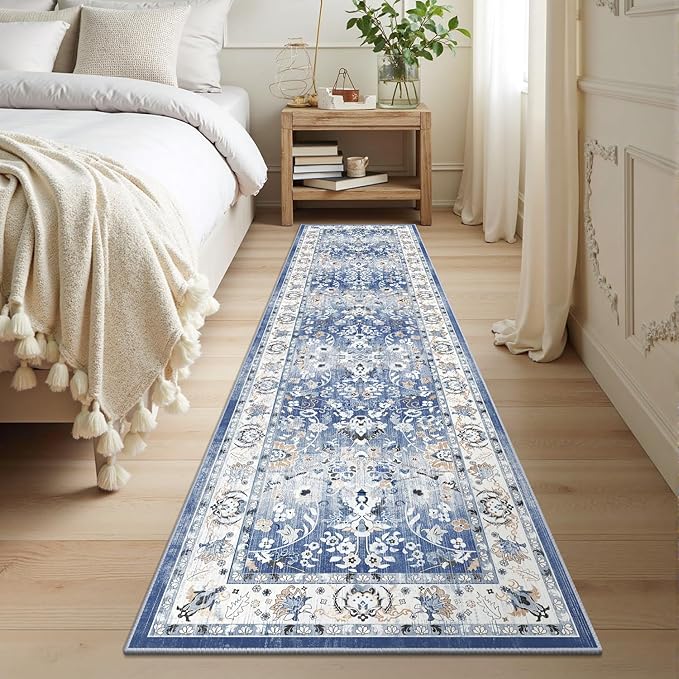 LOKHOM Washable Runner Rug, 2x8 Non-Slip Vintage Hallway Runner Rug with Rubber Backing, Boho Floral Soft Faux Wool Kitchen Rug Carpet Runner for Laundry Entryway Bedroom (Sky Blue)