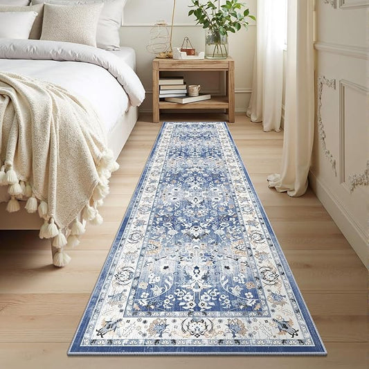 LOKHOM Washable Runner Rug, 2x8 Non-Slip Vintage Hallway Runner Rug with Rubber Backing, Boho Floral Soft Faux Wool Kitchen Rug Carpet Runner for Laundry Entryway Bedroom (Sky Blue)