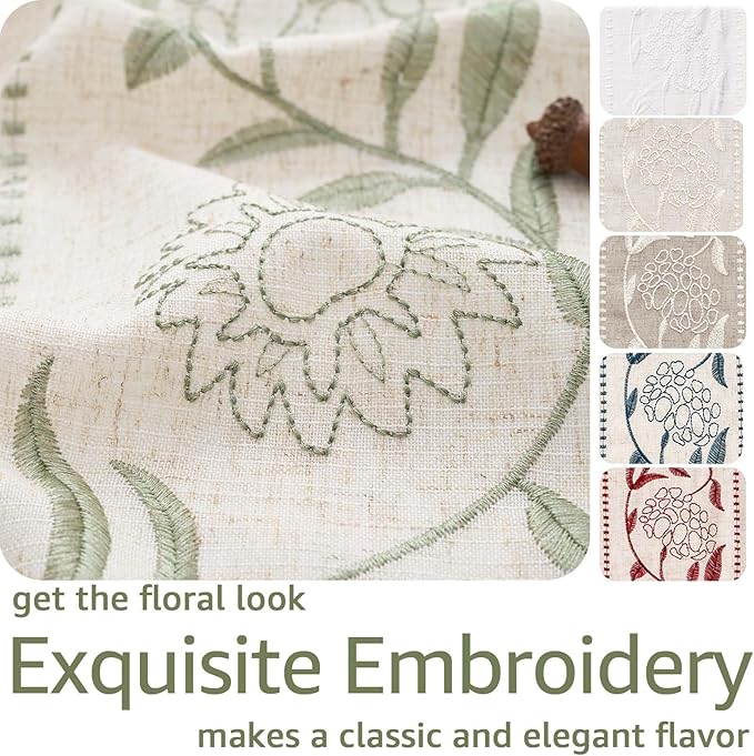 jinchan Winslow Linen Curtains for Bedroom 96 Inches Length Embroidered Bordered Floral Curtains for Living Room Farmhouse Decor Light Filtering Window Treatments Sage on Beige Drapes 2 Panels
