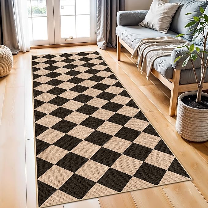 2x6 Jute Woven Runner Rug: Non-Slip Backing Diamond Pattern - Easy Clean Carpet for Hallway Kitchen - Washable Thin Indoor Rugs for High Traffic Areas Farmhouse Home Decor (Black/Brown,2x6)