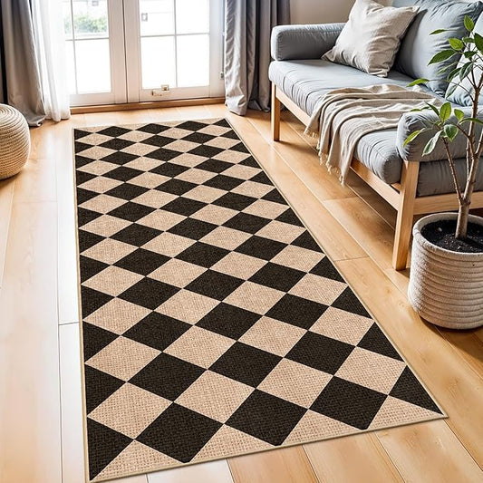 2x6 Jute Woven Runner Rug: Non-Slip Backing Diamond Pattern - Easy Clean Carpet for Hallway Kitchen - Washable Thin Indoor Rugs for High Traffic Areas Farmhouse Home Decor (Black/Brown,2x6)