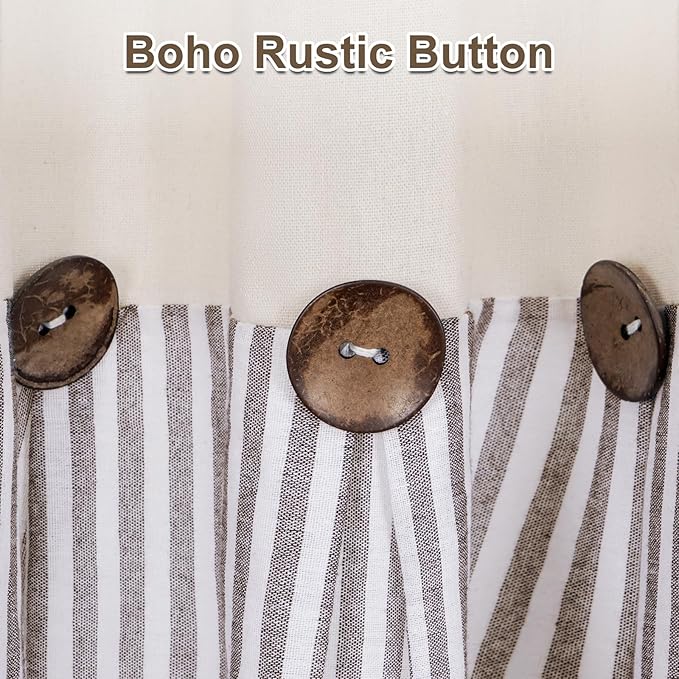 ASPMIZ Farmhouse Valances for Windows, Boho Kitchen Valances Curtains with Rustic Buttons, Brown Striped Window Valance for Living Room, Cotton Linen Valance for Bathroom, 60 x 14 Inches