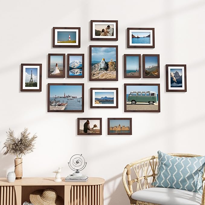 Vittanly 15 Pack Picture Frames Collage Wall Decor for Mounting or Tabletop Display, Gallery Frame Set for Family, Multi Sizes Including 3pcs 8x10, 6pcs 5x7, 6pcs 4x6, Light Brown