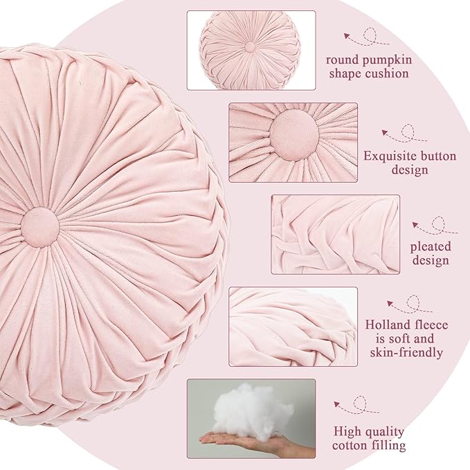 Drydiet 1 Pcs Round Throw Velvet Pillows Decorative Pleated Throw Pillows 15'' Diameter Accent Pumpkin Boho Chair Cushion for Couch Sofa Home Decoration (Pink)