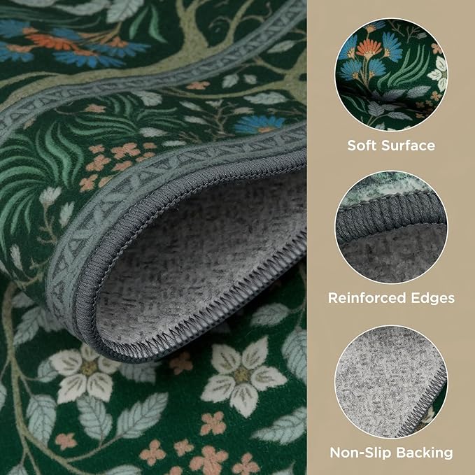Joydeco Washable Rugs 5x7, Boho Dark Green Floral Bedroom Rug Non Slip, Soft Low-Pile Botanical Forest Indoor Floor Throw Carpet for Dining Table Living Room Playroom Dorm Home Office