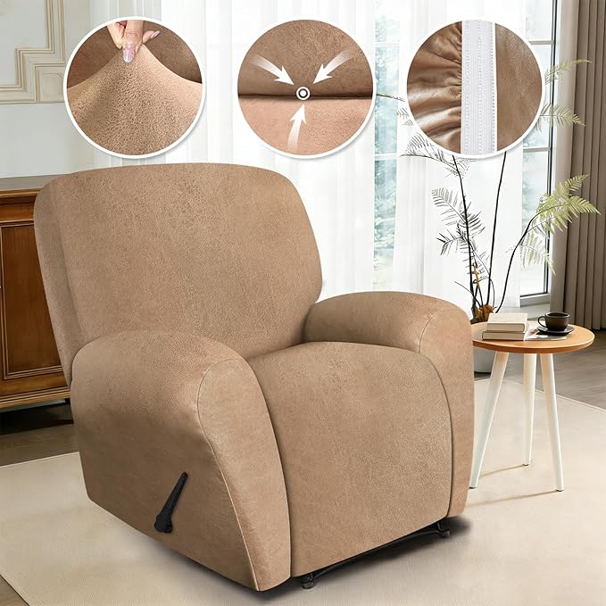 ANARACHON Leather Look Recliner Chair Covers, 4 Pieces Recliner Covers Non Slip, Soft Cover for Reclining Chair, Washable Furniture Protector for Pets (1 Seater, 026 Brown)