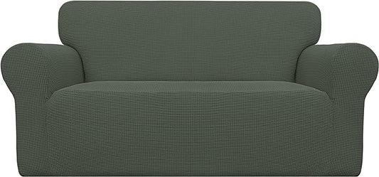 Easy-Going Stretch Loveseat Slipcover 1-Piece Sofa Cover Furniture Protector Couch Soft with Elastic Bottom for Kids Polyester Spandex Jacquard Fabric Small Checks (Loveseat, Olive Green)