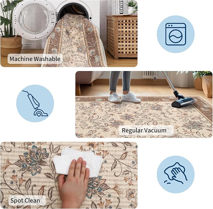 GarveeHome Area Rugs 8x10 for Living Room, Brown Large Washable Rug Botanical Soft Non Slip Floor Mat Carpet Indoor Thin Cottage core Rug for Bedroom Dining Room Playroom Nursery Home Decor