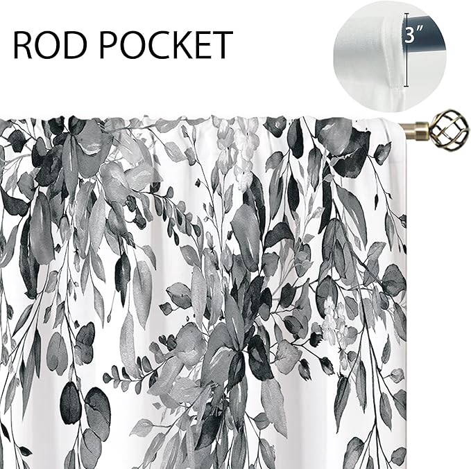 Eucalyptus Botanical Leaves Grey Floral Kitchen Window Curtains Over Sink Farmhouse Flower Leaf Small Window Treatment Cafe Short Curtains for Bathroom Treatment Tier Drapes 27.5x39 inch