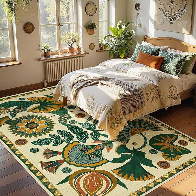 Joydeco Egypt Floral Boho 6x9 Area Rugs for Living Room, Beige Washable Bedroom Dining Room Rug Non Slip, Low Plie Vintage Soft Indoor Throw Carpet for Playroom Nursery Dorm Classroom