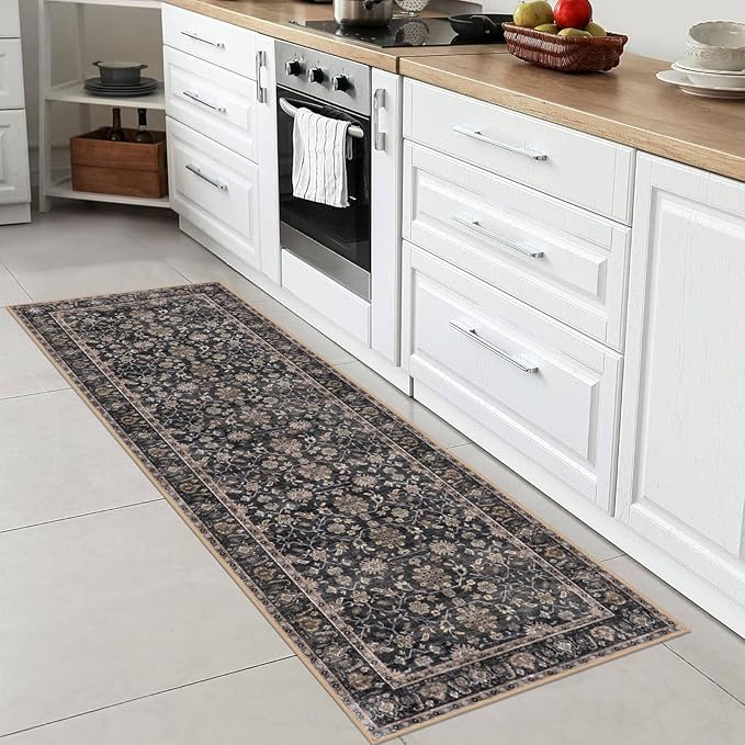 KUTA Runners for Hallways 2x6, Vintage Floral Rug Non-Slip Washable Kitchen Rugs Brown Ultra Thin Soft Printed Distressed Flower Carpet Entryway Rugs for Bedroom Laundry Nursery