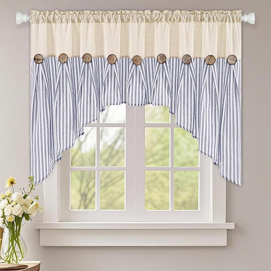 ASPMIZ Farmhouse Cotton Linen Swag Valances for Windows, Boho Kitchen Curtains Valances with Rustic Buttons, Blue Striped Window Treatments Curtain Valance for Bathroom Cafe, 61 x 36 Inch, 1 Panel