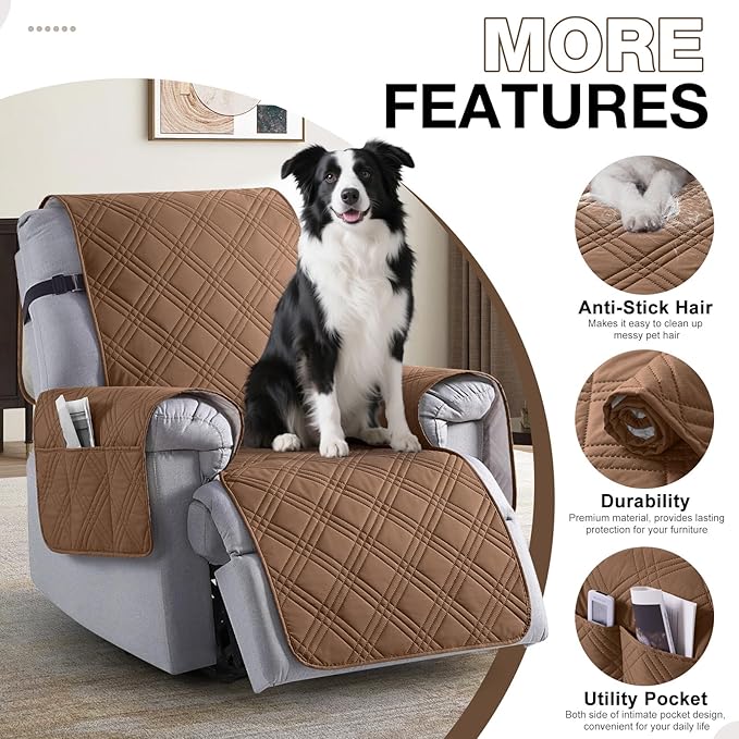 TAOCOCO Waterproof Recliner Chair Covers 30 Inch Wide, Oversized Recliner Covers for Recliner Chair with Pocket, Recliner Slipcovers with Straps Furniture Protector for Kids Pets (30'', Brown)
