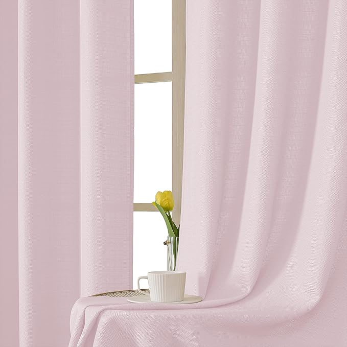 Chyhomenyc Blush Pink Curtains 90 Inch Length 2 Panels Set, Faux Linen Textured Semi Sheer Light Filtering Soft Airy Privacy Farmhouse Curtain Drapes for Living Room Bedroom, 40 Wx90 L Inches