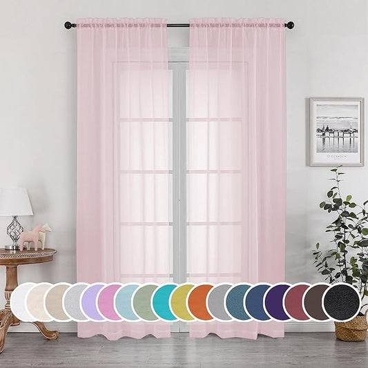 OWEINE Sheer Curtains 90 Inches Long 2 Panels Set, Light Filtering Fimly Voile Solid Blush Window Curtain Panels for Living Room Bedroom, Soft Voile Sheer Curtains & Drapes, Total 84 Inches Width