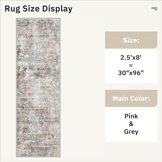 Soalmost Washable Runner Rug, 2'6" x 8' Non-Slip Kitchen Vintage Foldable 2.5x8ft Hallway Runners for Entryway, Laundry, Bedroom, Pink/Grey