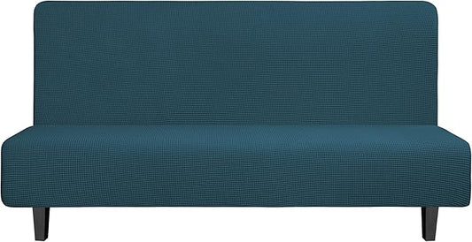 Easy-Going Stretch Futon Slipcover Armless Futon Bed Cover Furniture Protector Without Armrests with Elastic Bottom for Kids, Soft Jacquard Fabric Small Checks (Large, Deep Teal)