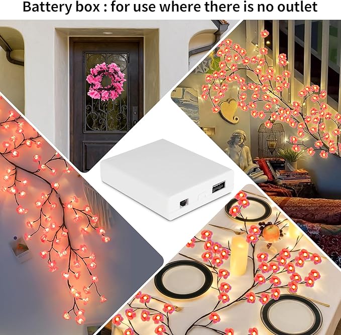 FNHMSL Cherry Enchanted Willow Vine Lights 7.55FT 144LED Pink Cherry Blossom Tree Branch Lights for Wall, Remote Timer,8 Light Model,Bedroom Wall Doors Wedding, Christmas, USB Battery Box