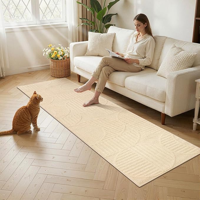 Findosom Washable Runner Rug 2x10, Geometric High-Low Textured Non Slip Hallway Runner Rug with Rubber Backing, Boho Carpet Runner for Kitchen, Bedroom, Laundry, Entryway, Bathroom, Beige