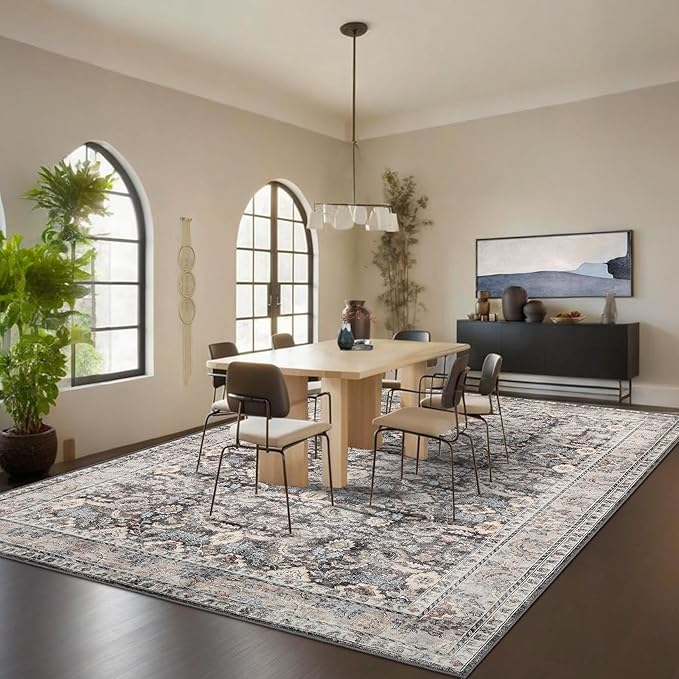 GarveeHome Washable Rugs for Living Room, Vintage Neutral Area Rug, Ultra Soft Low Pile Oriental Floral Carpet, Non Slip & Stain Resistant Retro Floor Mats for Home Decor