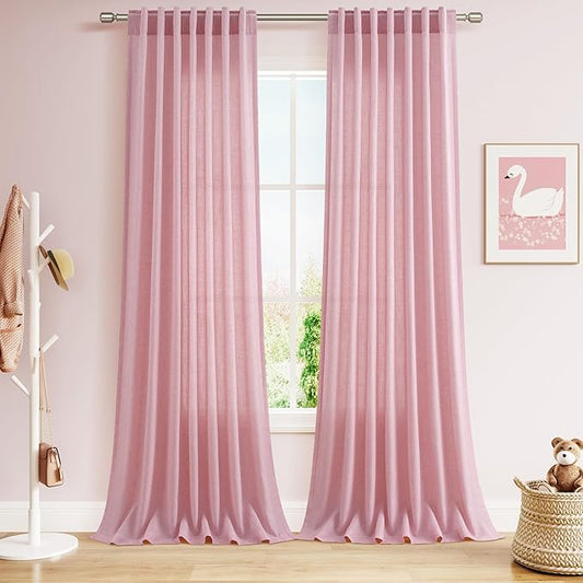 Nanspring Rose Linen Curtains 108 Inches Long 2 Panels Set with Back Tab Loop Pocket Light Filtering Semi Sheer Boho Decor Extra Long Drapes for High Ceiling Living Room 52x108