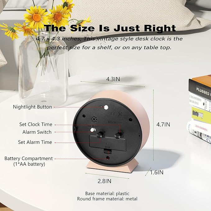 AYRELY?? 4.5" Analog Alarm Clock,Small Retro Desk Clock Battery Operated,Slient Metal Table Clock with Light for Living Room Decor,Bedroom,Bedside,Shelf(Light Pink)