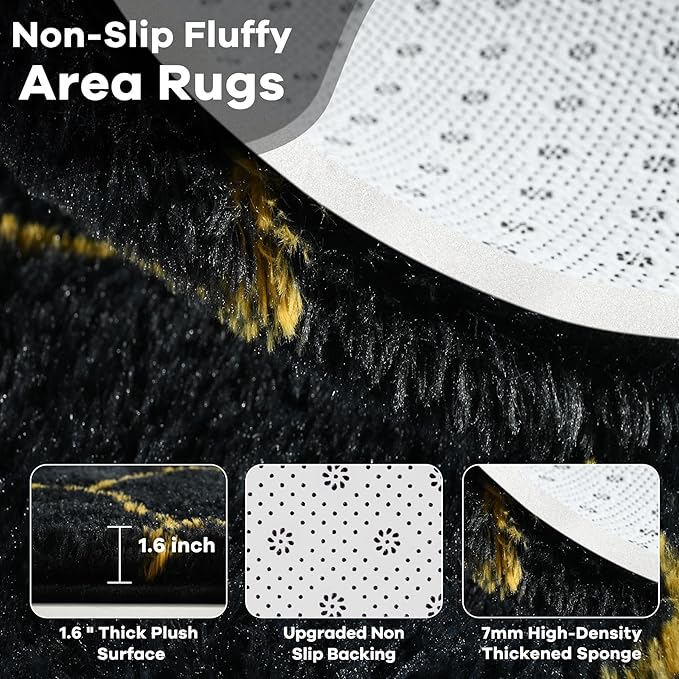 Fluffy 6x9 Area Rugs for Bedroom Living Room,Thick Shag Throw Floor Carpet,Soft Shaggy Bedside Non-Slip Rug Black Gold
